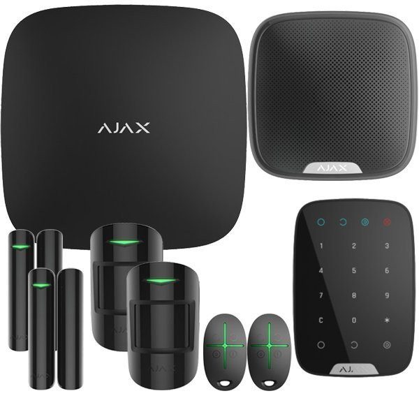 Alarme anti-intrusion Grenoble Système de sécurité composé de détecteurs, un clavier et une centrale noire.